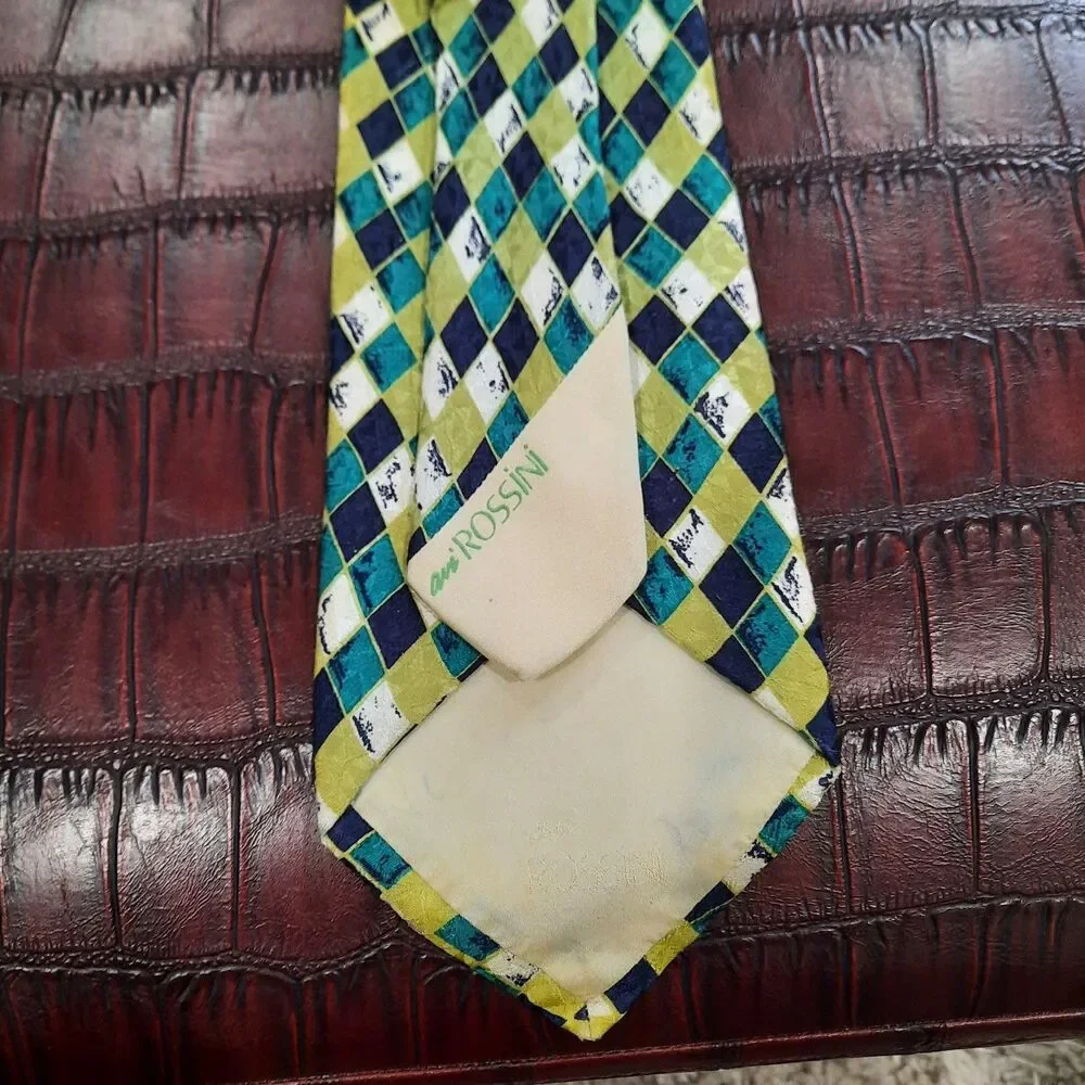Rossini Silk Tie & Matching Pocket Square Yellow Blue Green White Harlequin XLNT